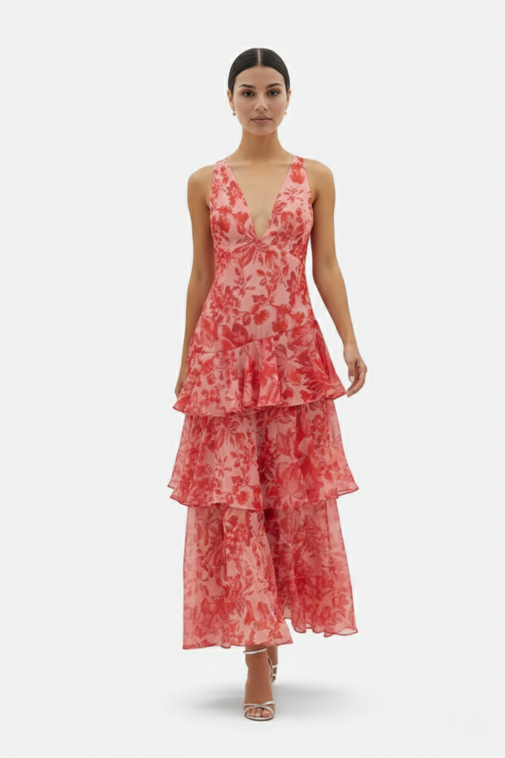 Womens Maxi Dress Chiffon Tiered Ruffle Deep V-Neck Adjustable Strap - Clovrio