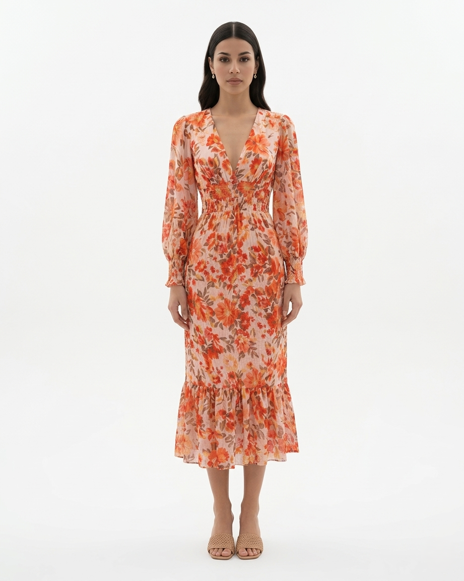 Womens Midi Dress Floral Print Long Sleeve V-Neck Shirred Waist