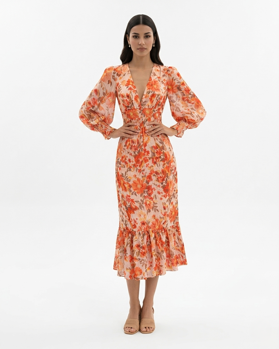 Womens Midi Dress Floral Print Long Sleeve V-Neck Shirred Waist