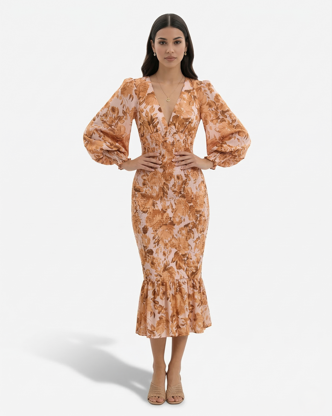 Womens Midi Dress Floral Print Long Sleeve V-Neck Shirred Waist