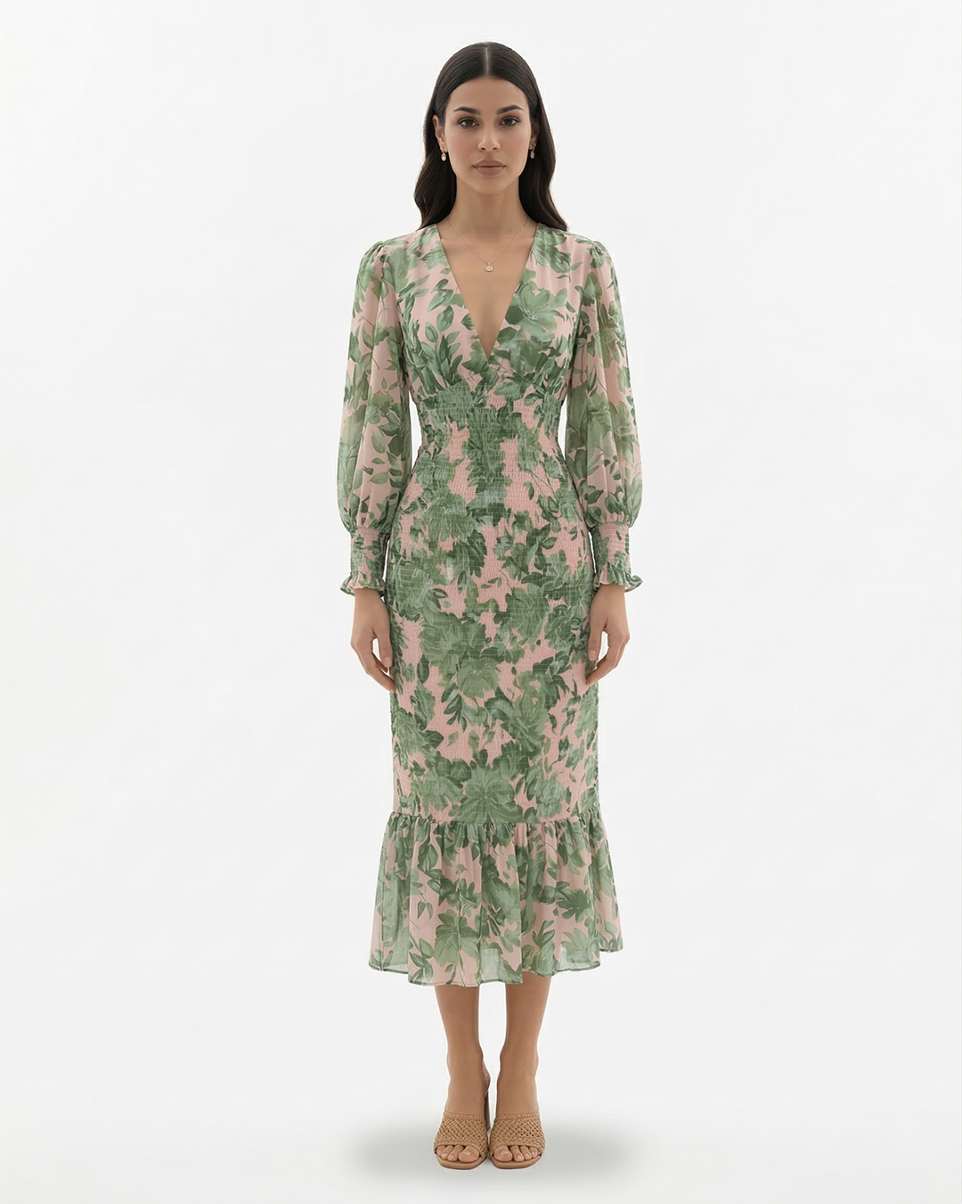 Womens Midi Dress Floral Print Long Sleeve V-Neck Shirred Waist - Clovrio