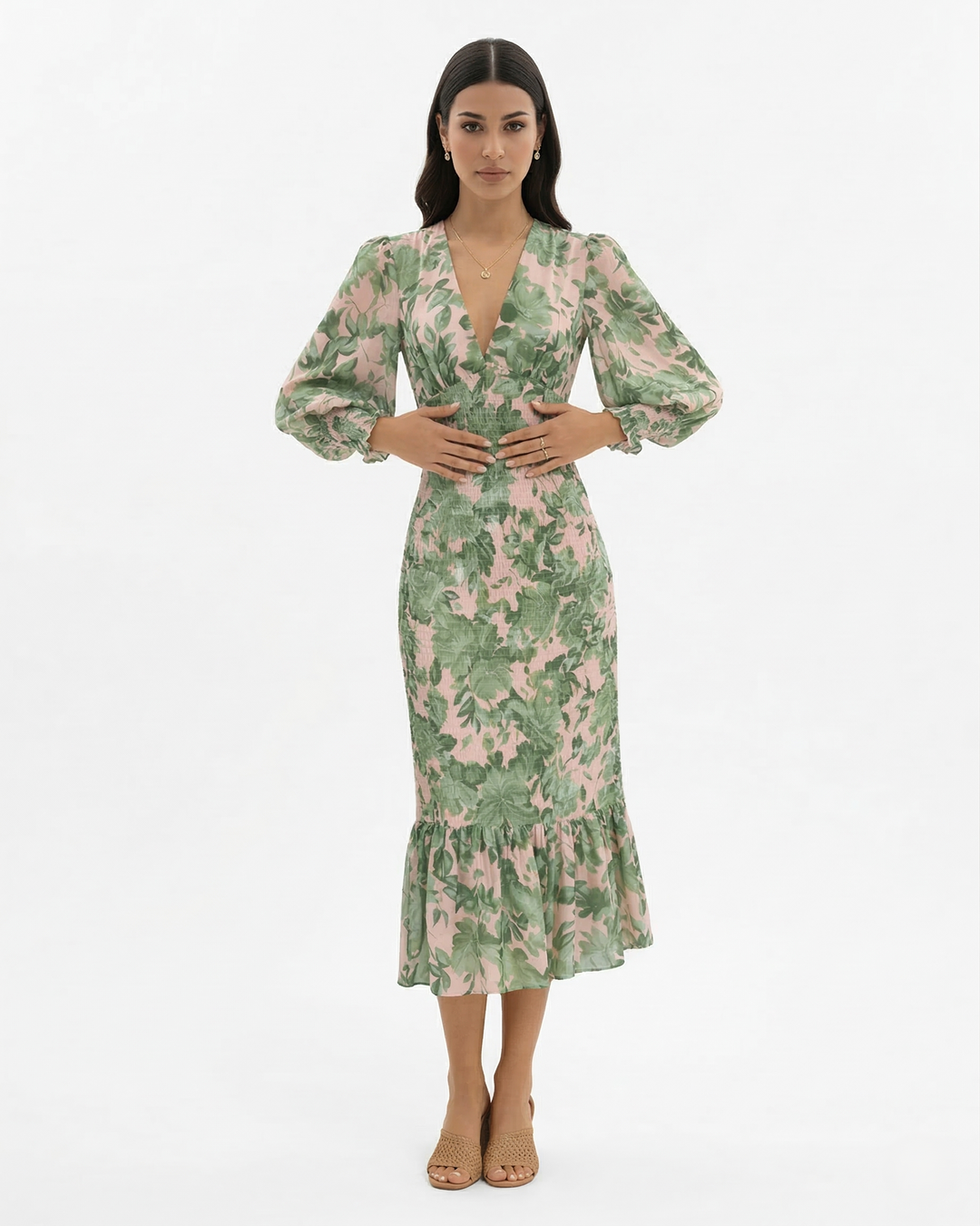Womens Midi Dress Floral Print Long Sleeve V-Neck Shirred Waist