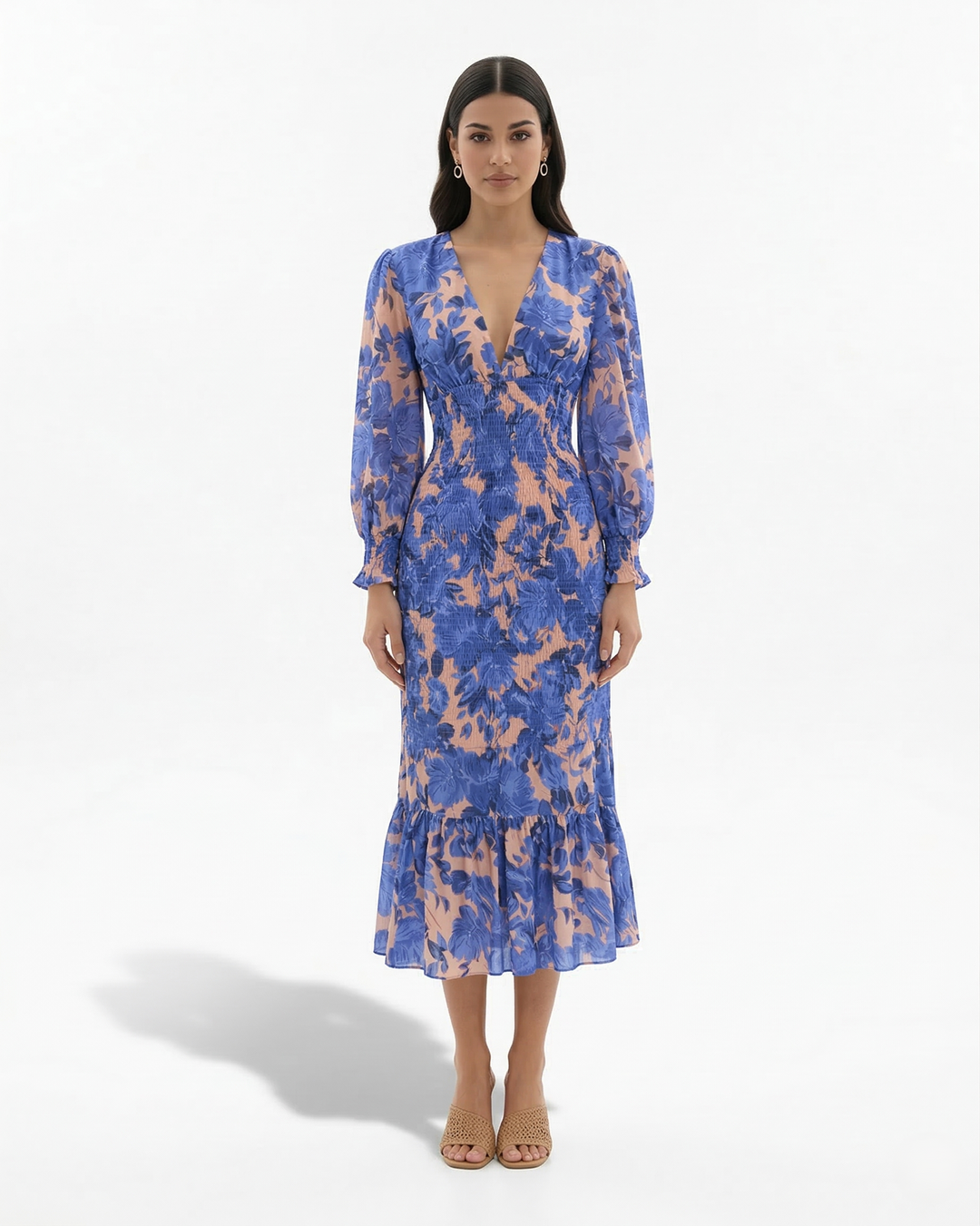 Womens Midi Dress Floral Print Long Sleeve V-Neck Shirred Waist