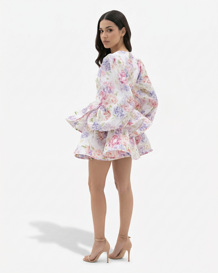 Womens Mini Dress with Puff Sleeves Tiered Ruffle Hem