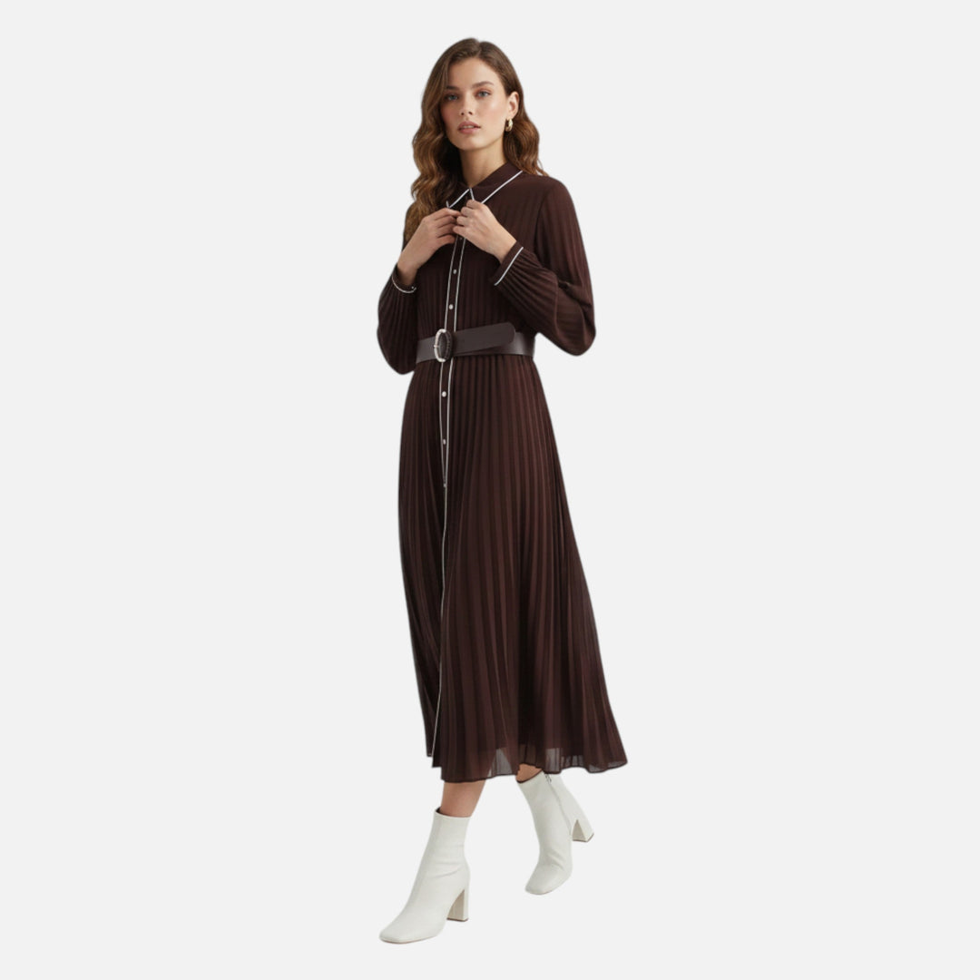 Women's Elegant Pleated Long Sleeve Midi Dress