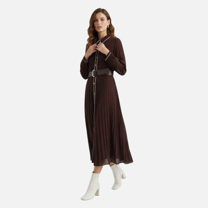 Women's Elegant Pleated Long Sleeve Midi Dress