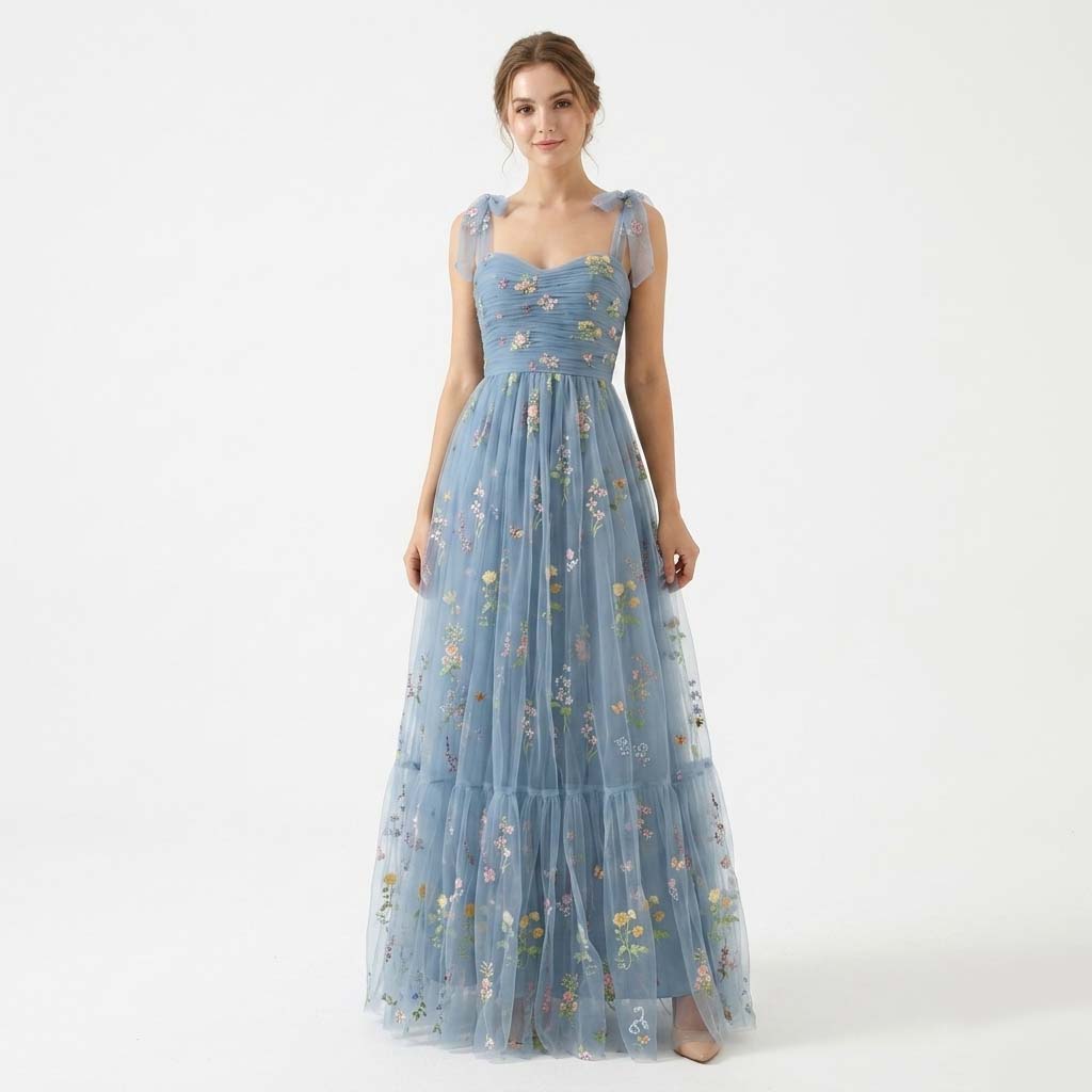 Womens Maxi Dress with Sweetheart Neckline and Floral Embroidery
