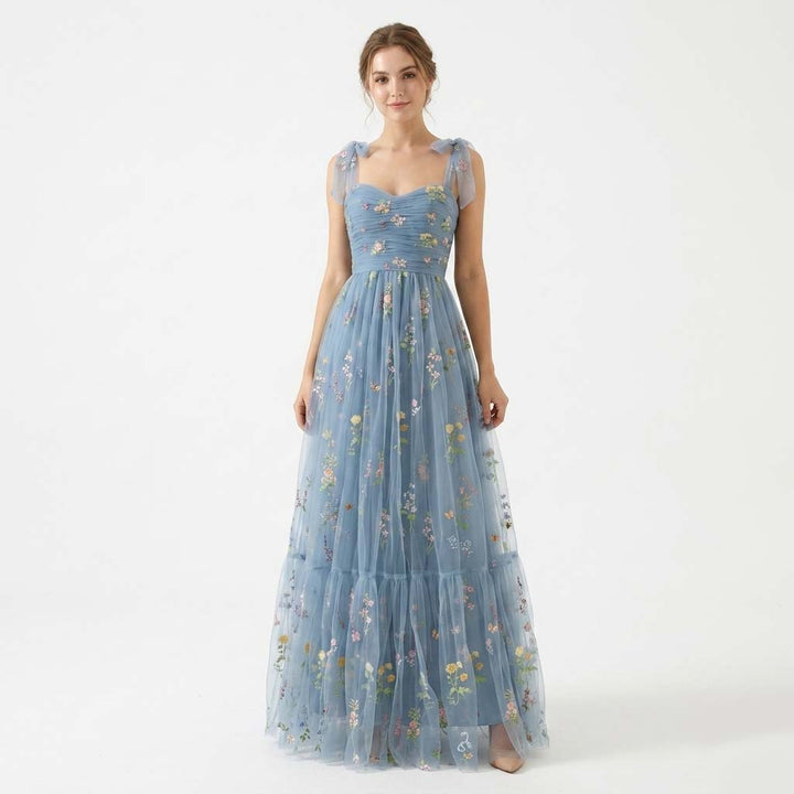 Womens Maxi Dress with Sweetheart Neckline and Floral Embroidery