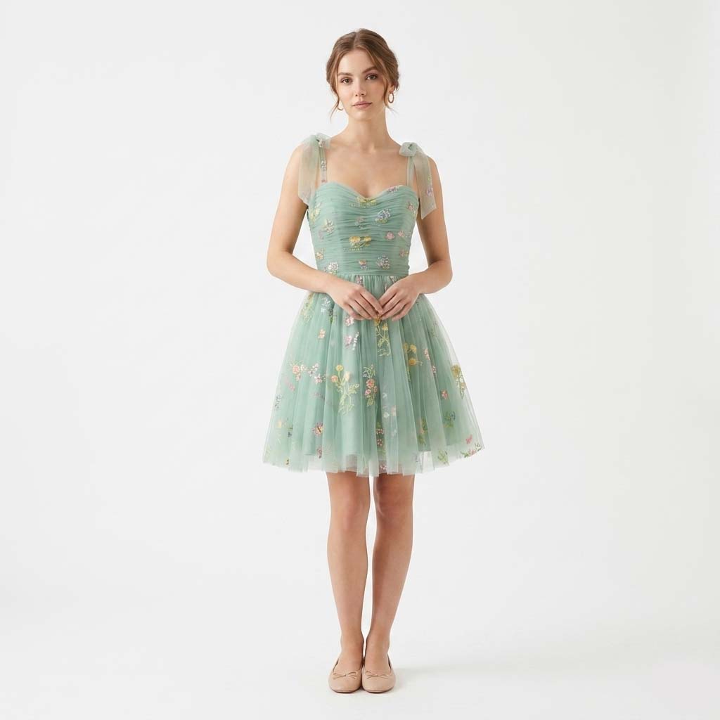 Womens Sleeveless Dress with Embroidered Floral Layered Skirt