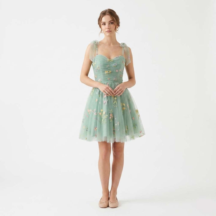 Womens Sleeveless Dress with Embroidered Floral Layered Skirt