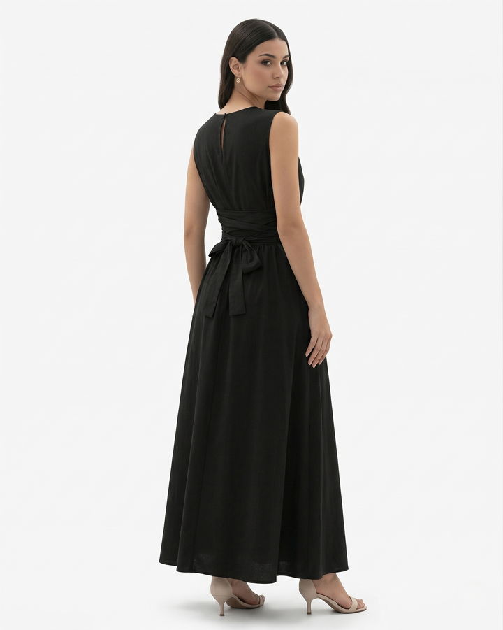 Womens Sleeveless Maxi Dress Crew Neck Tie Waist A-Line
