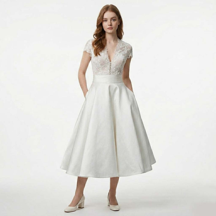 Womens Midi Dress V-Neck A-Line Smooth Skirt with Pockets - Clovrio