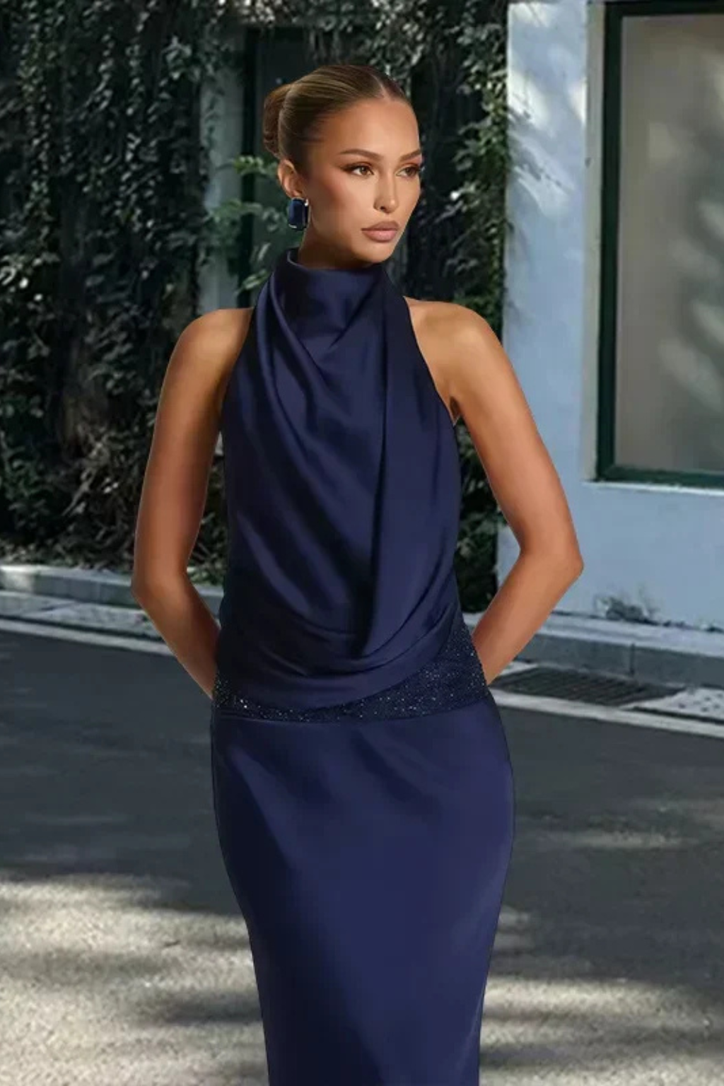 Siopie Women's Halter Neck Draped Satin Maxi Dress