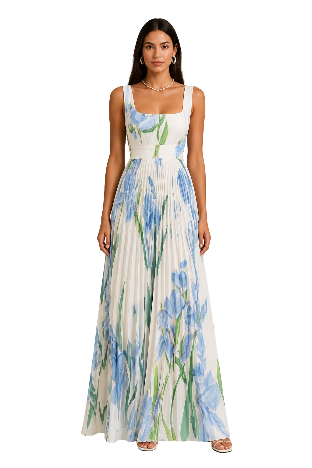 Womens Maxi Dress Pleated Floral Square Neck