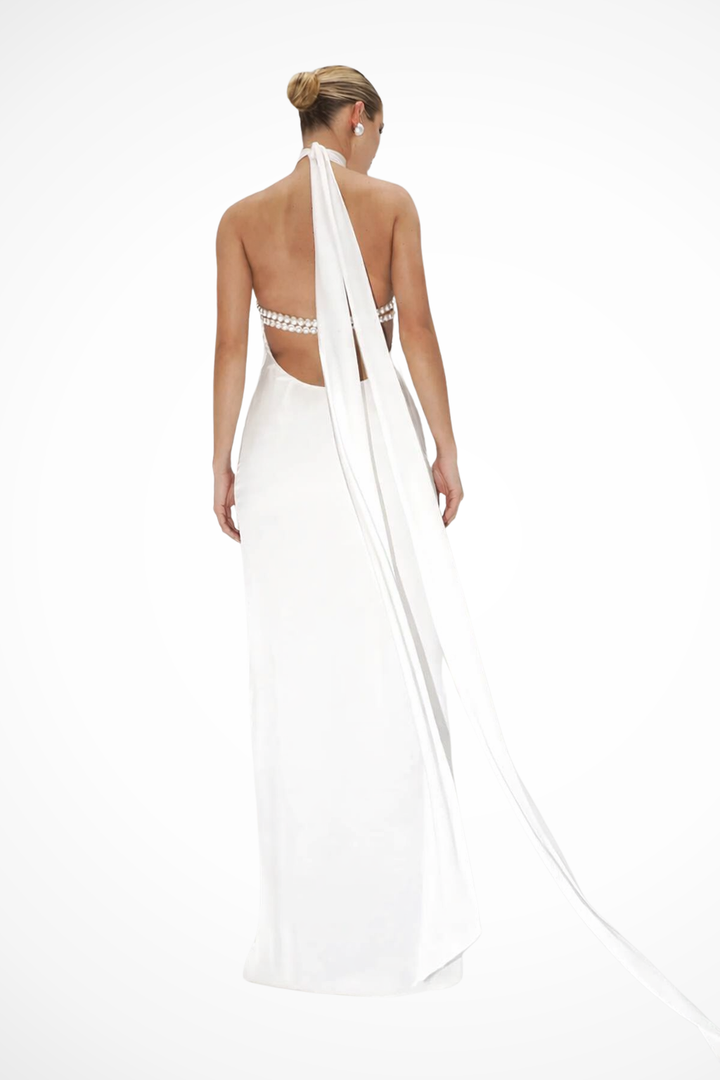 Siopie Women's High Neck Halter Chain Detail Backless Maxi Dress in White