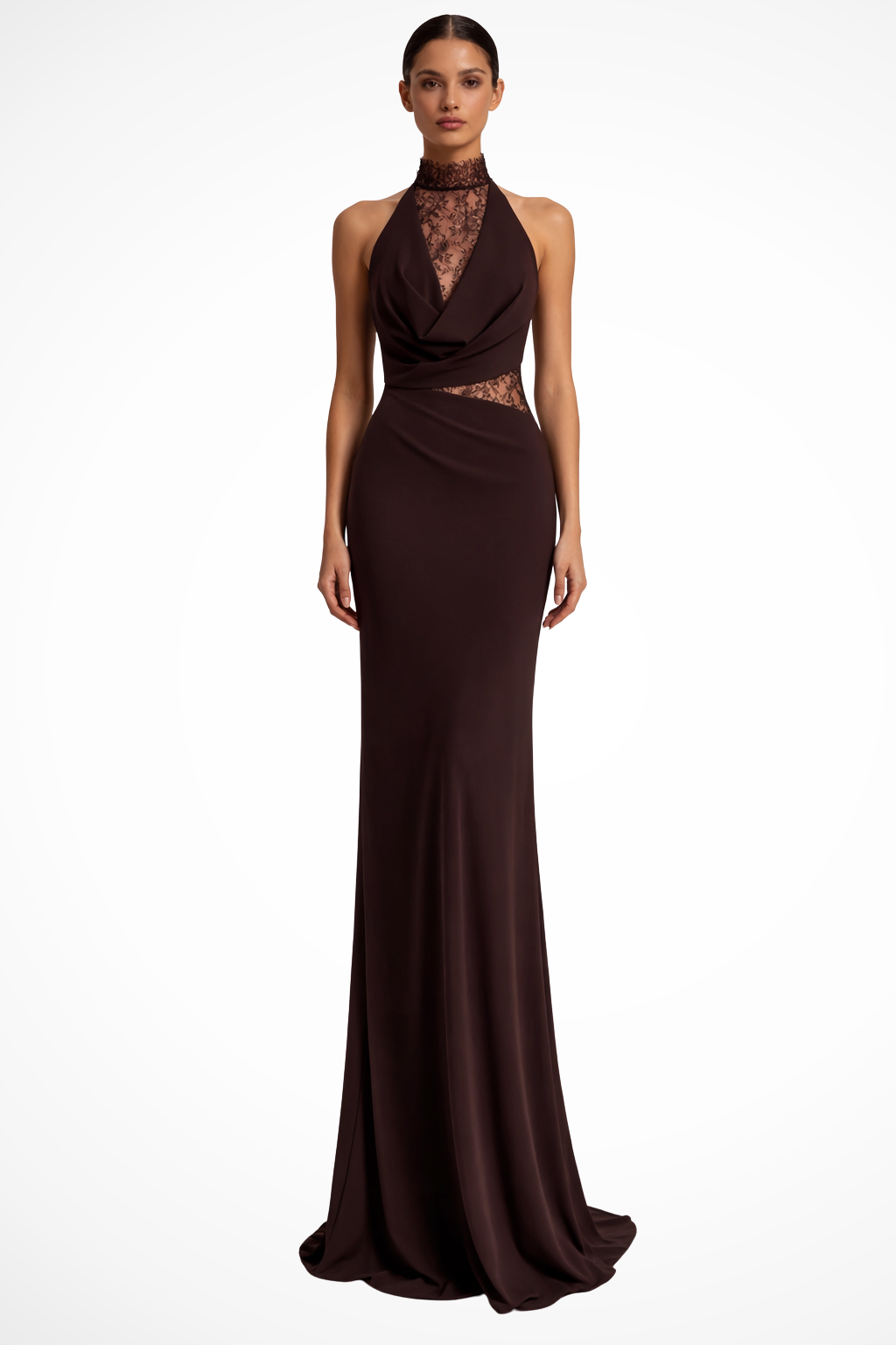 Womens Maxi Dress Lace Panel Halter Neck - Clovrio
