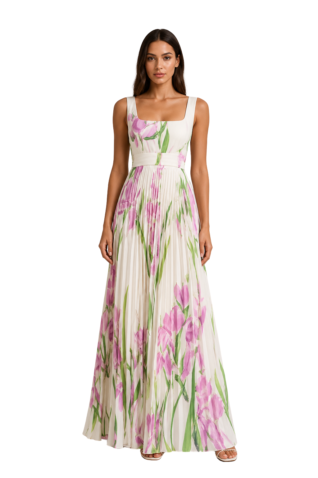 Womens Maxi Dress Pleated Floral Square Neck - Clovrio