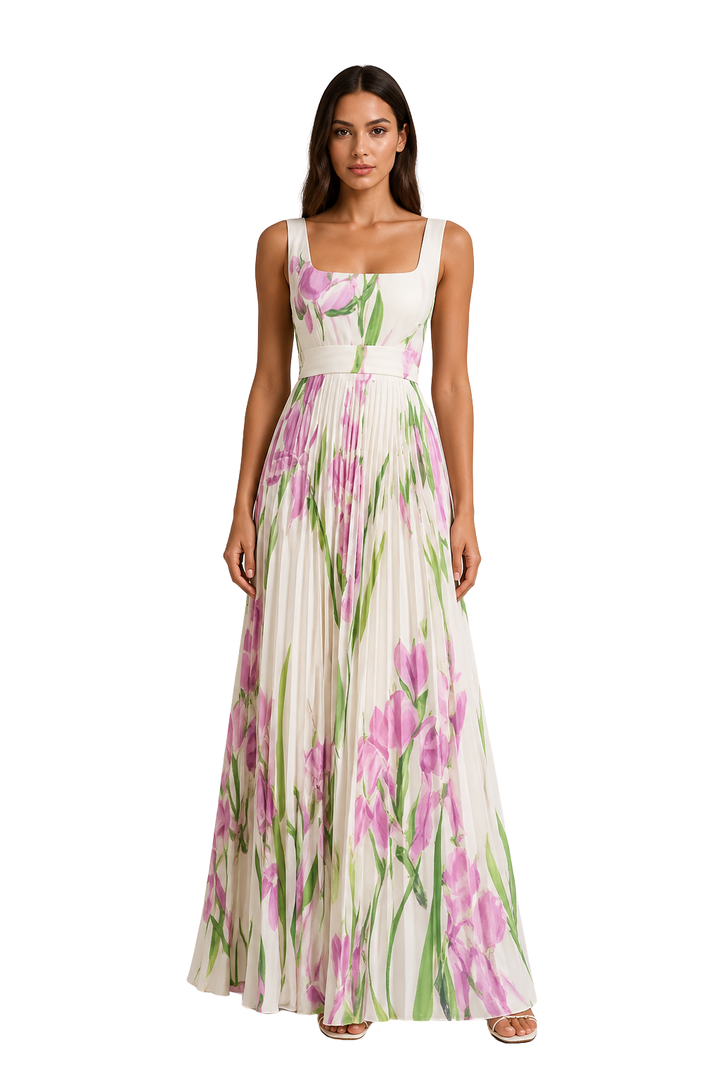 Womens Maxi Dress Pleated Floral Square Neck - Clovrio