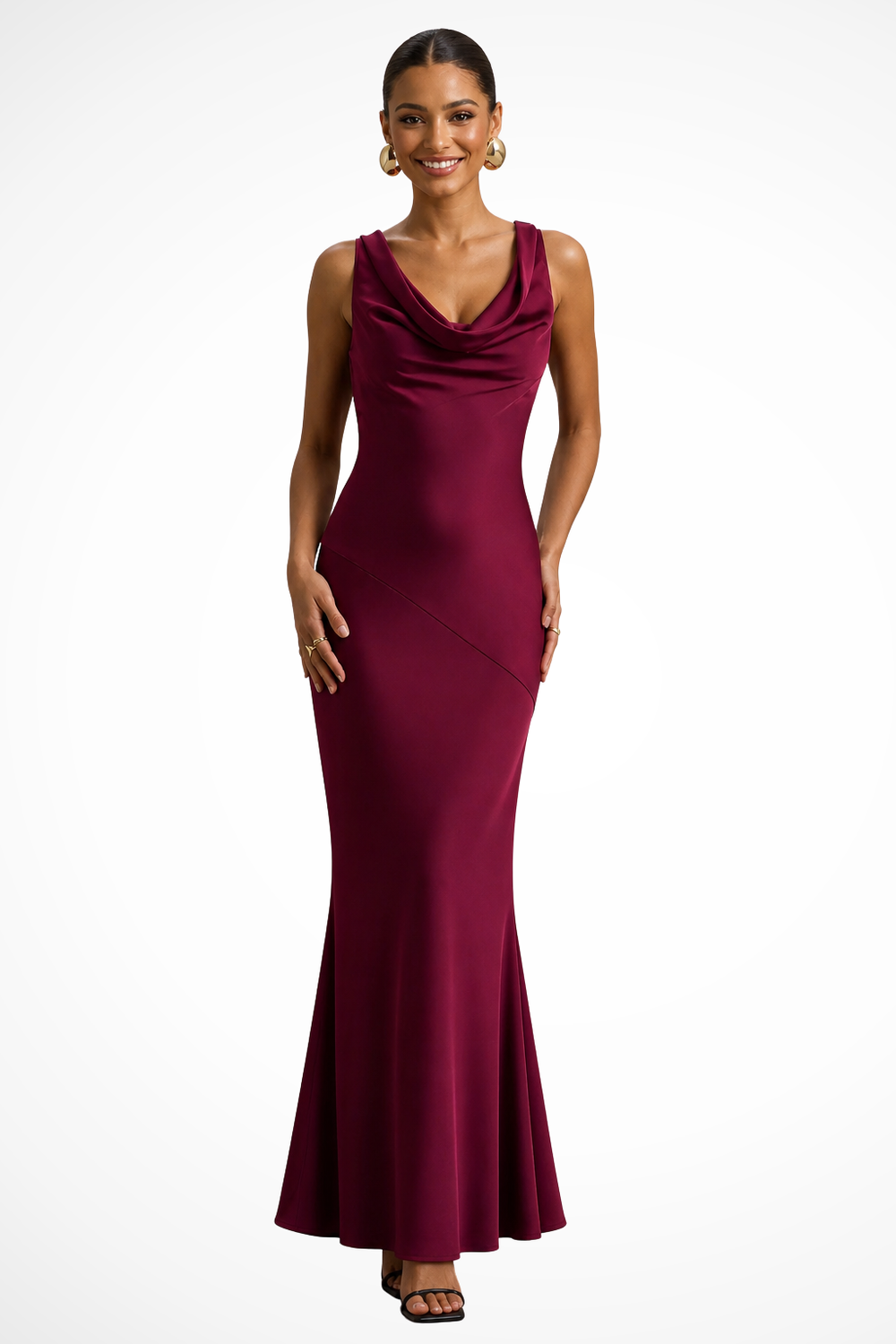 Siopie Women's Satin Cowl Neck Fitted Maxi Dress in Red Rose