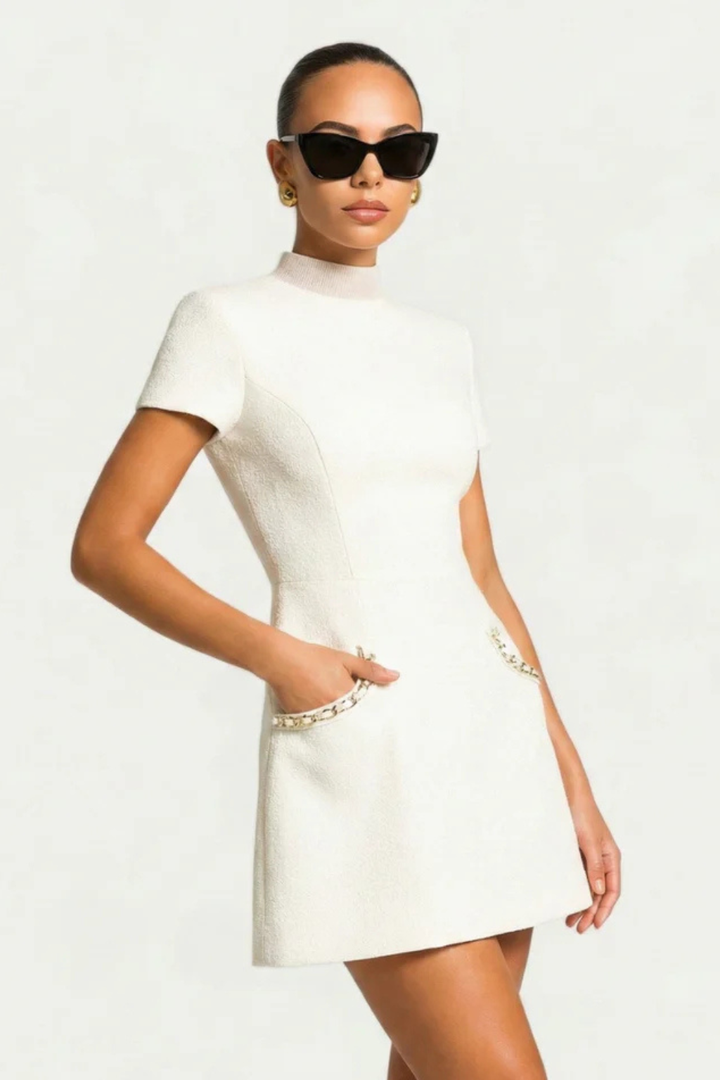 Womens Mini Dress with Pearl Trim and Fitted Style