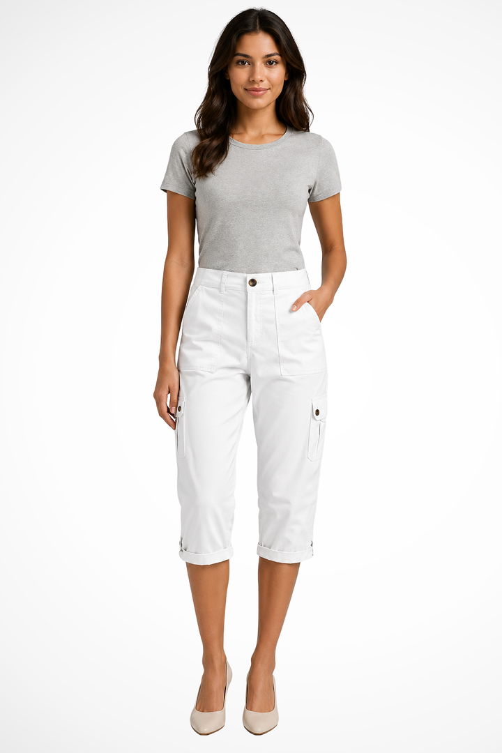 Siopie Women's Relaxed Cargo Cropped Trousers in White
