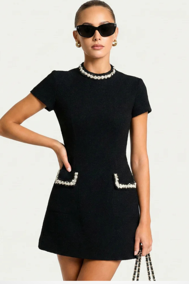 Womens Mini Dress with Pearl Trim and Fitted Style