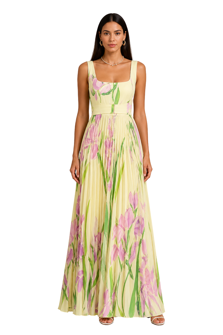 Womens Maxi Dress Pleated Floral Square Neck
