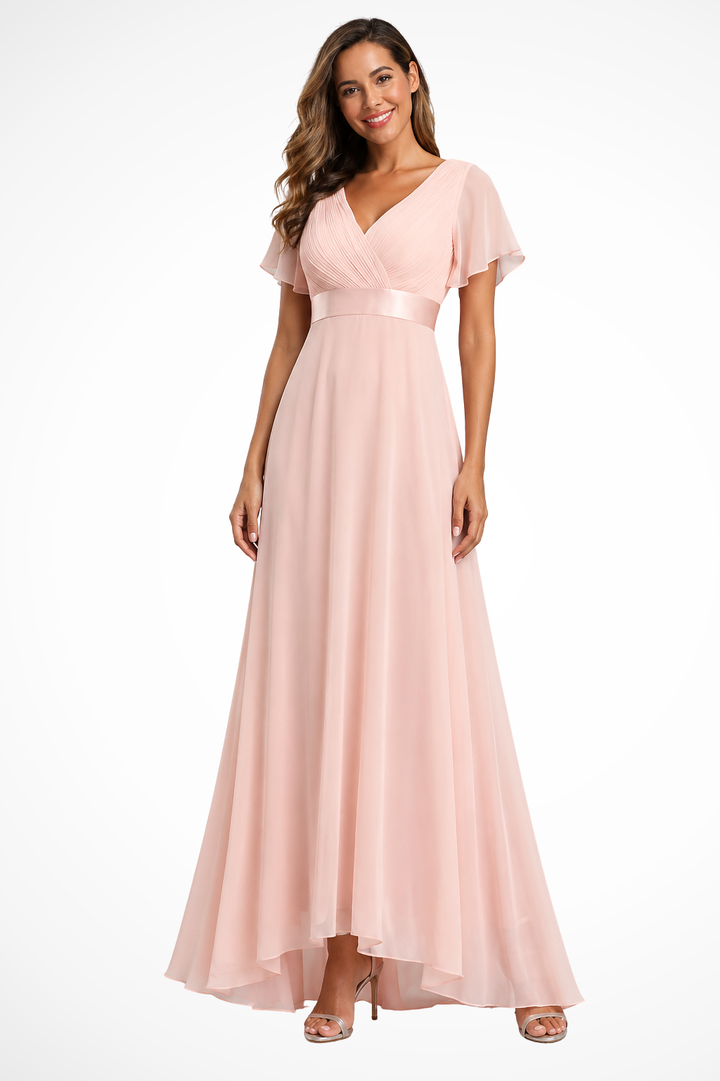 Siopie Women's Chiffon Flutter Sleeve V-Neck Maxi Dress in Pink