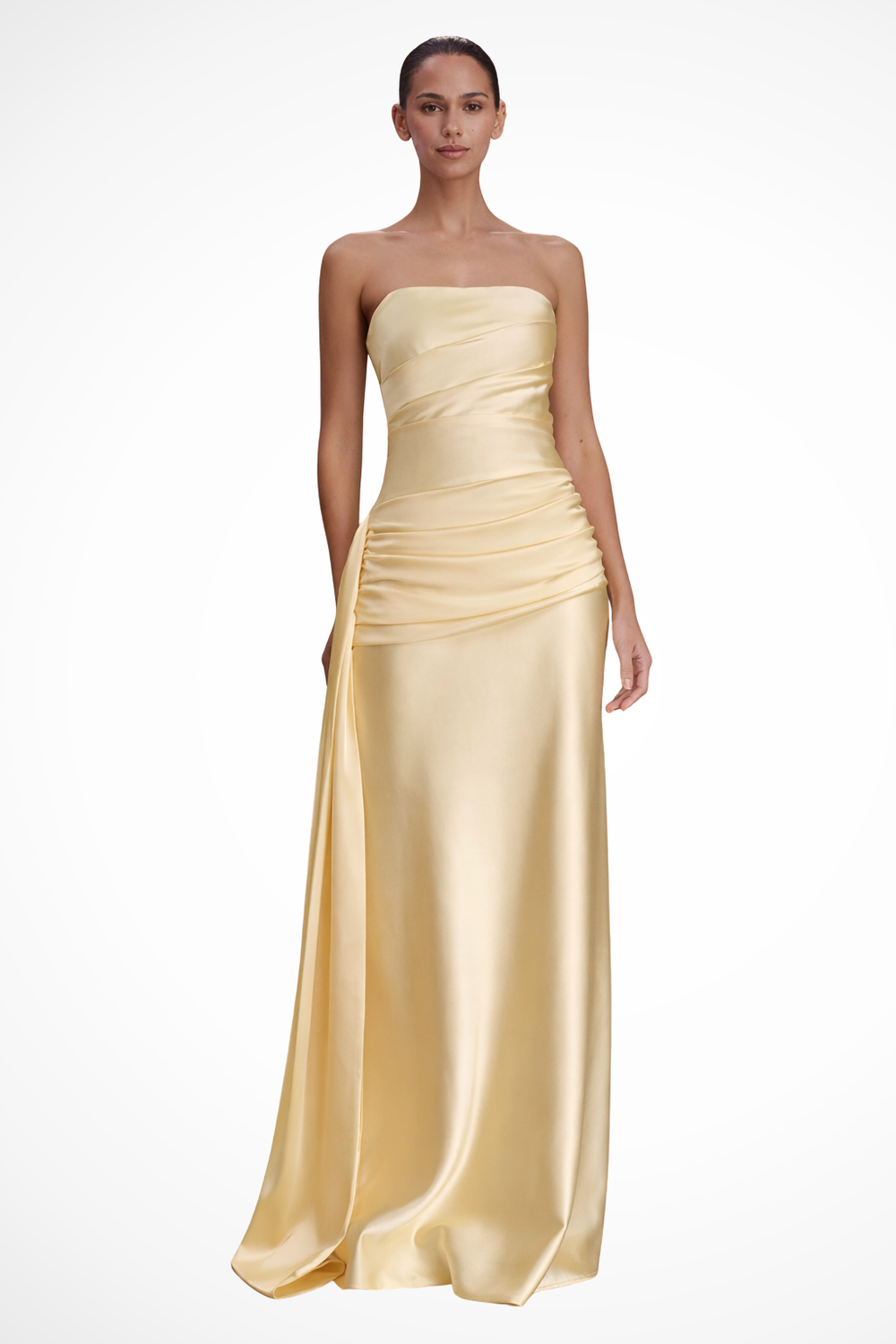 Siopie Women's Strapless Ruched Satin Maxi Dress in Apricot