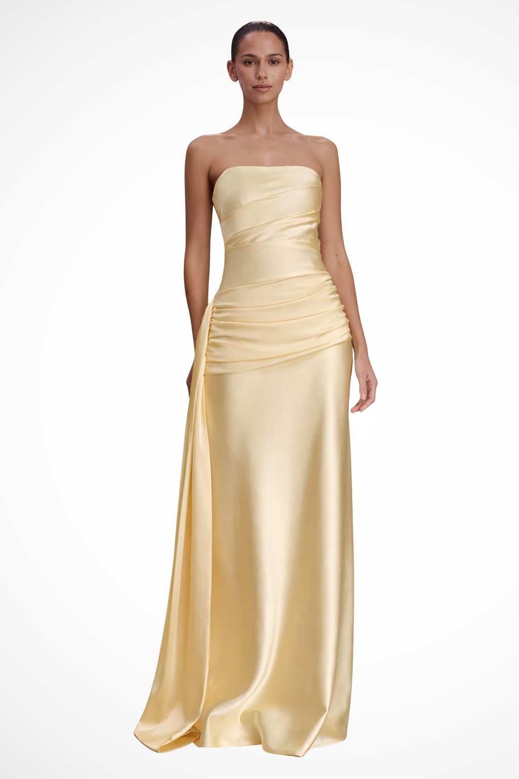 Siopie Women's Strapless Ruched Satin Maxi Dress in Apricot