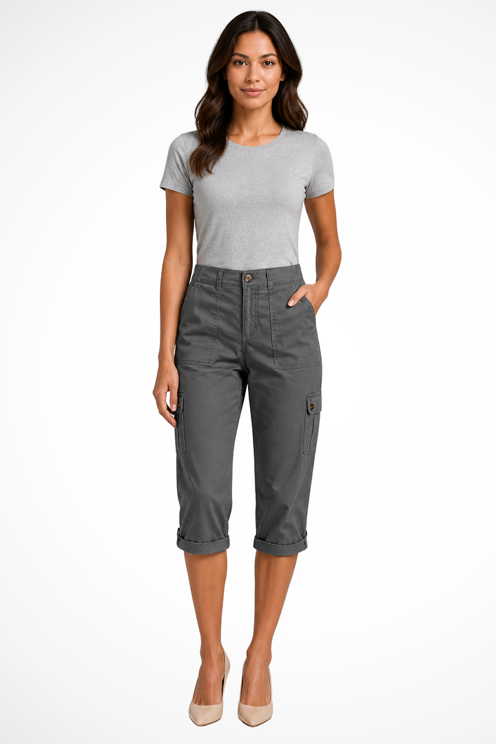 Siopie Women's Relaxed Cargo Cropped Trousers in Dark Gray