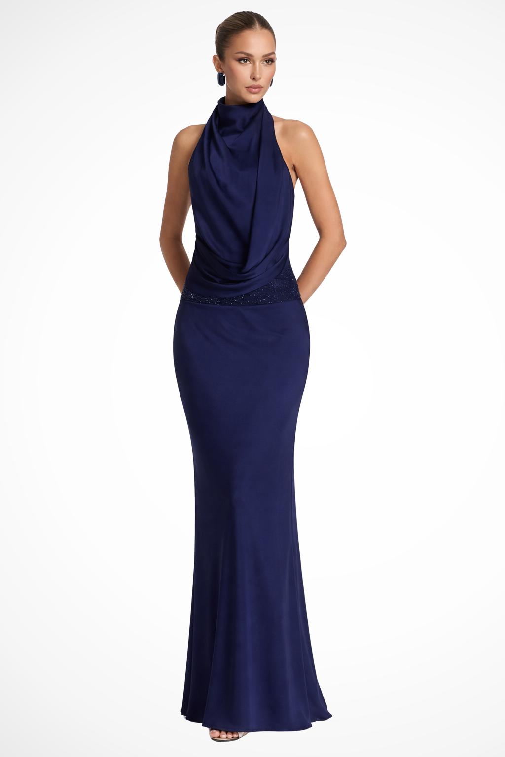 Siopie Women's Halter Neck Draped Satin Maxi Dress in Navy Blue