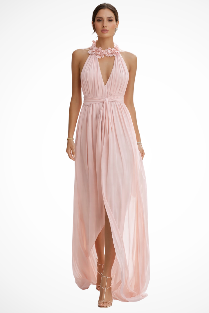 Womens Maxi Dress Chiffon Pleated Halter Neck - Clovrio