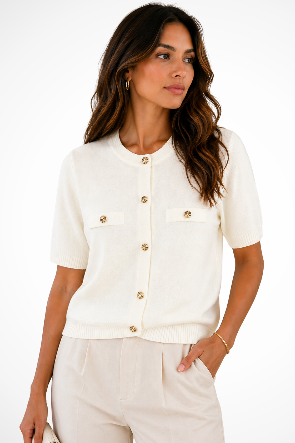 Siopie Women's Short Sleeve Knit Cardigan in Ivory