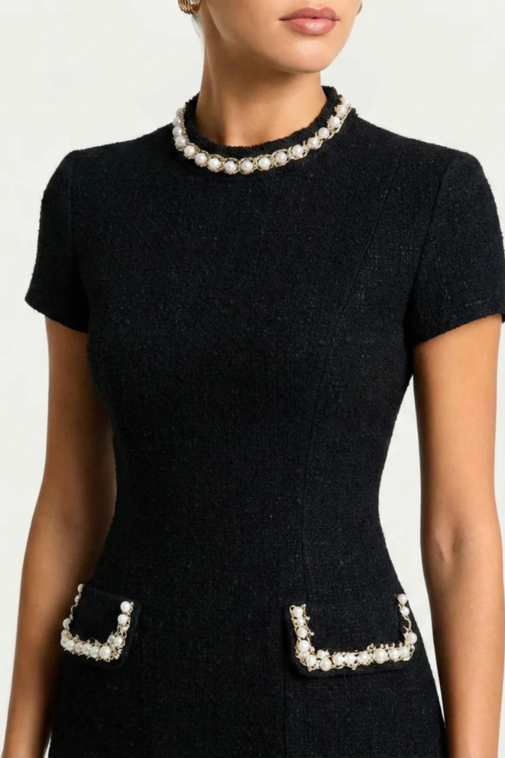 Womens Mini Dress with Pearl Trim and Fitted Style