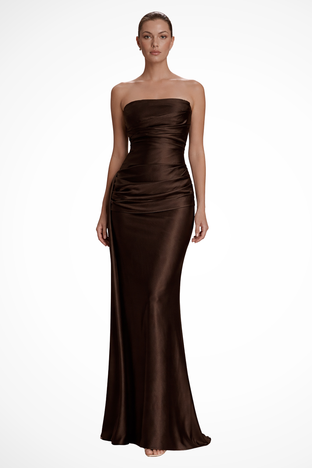 Womens Strapless Satin Maxi Dress Ruched Fit - Clovrio