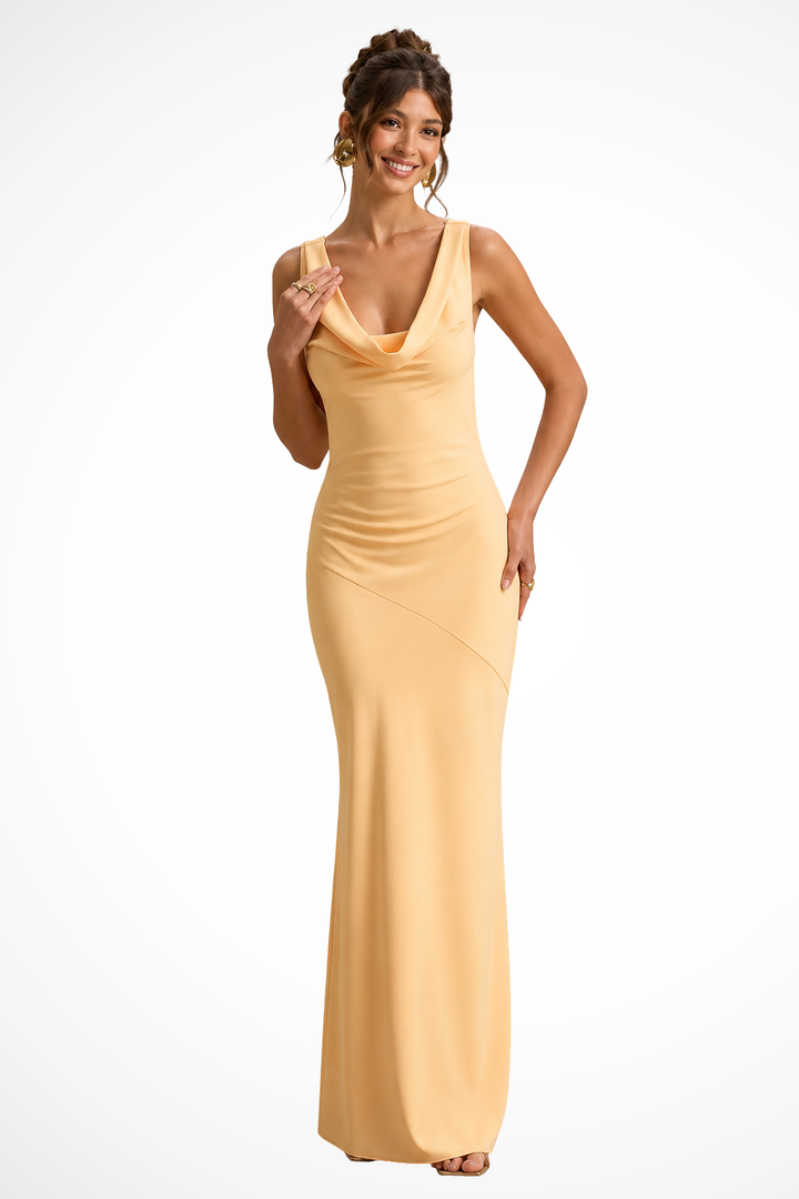 Siopie Women's Satin Cowl Neck Fitted Maxi Dress in Yellow