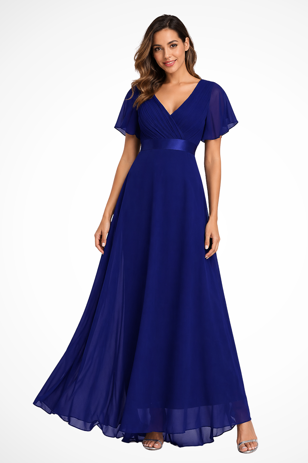 Siopie Women's Chiffon Flutter Sleeve V-Neck Maxi Dress in Sapphire Blue