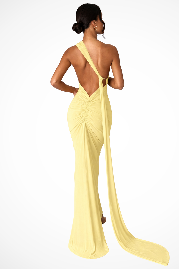 Womens Maxi Dress One Shoulder Ruched Backless