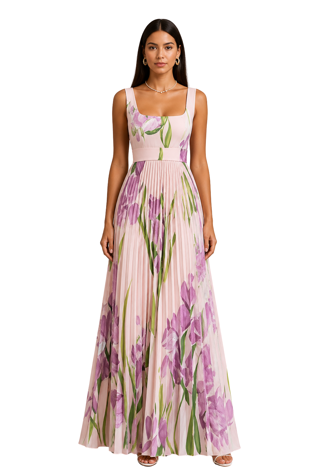 Womens Maxi Dress Pleated Floral Square Neck