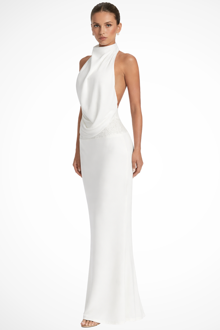 Siopie Women's Halter Neck Draped Satin Maxi Dress