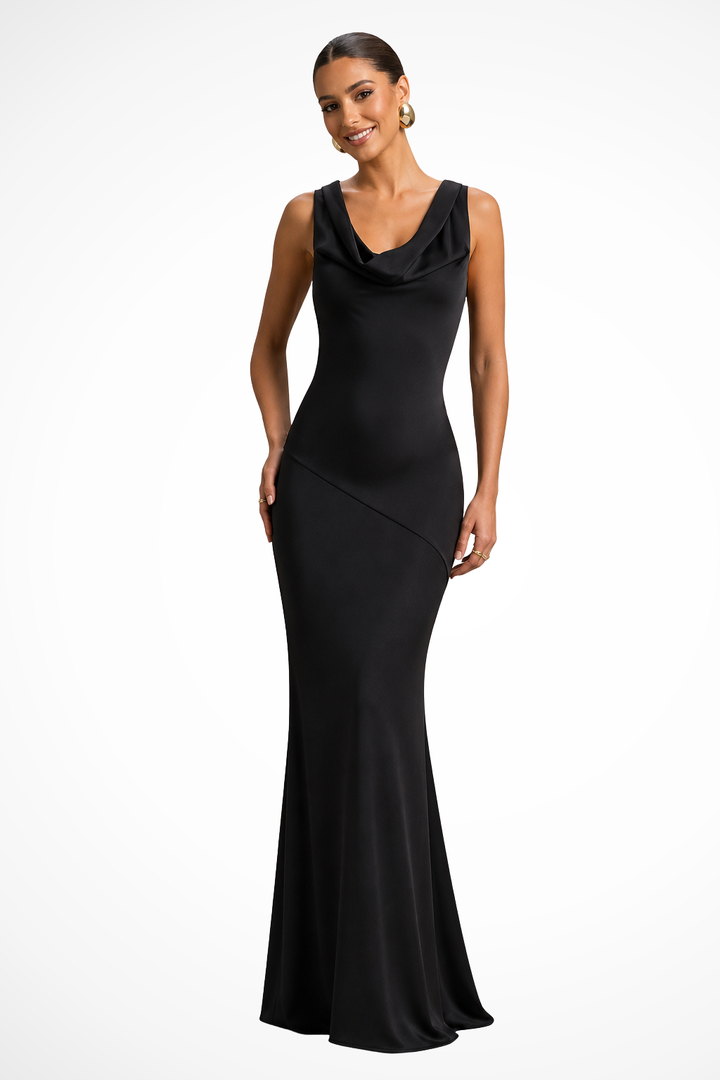 Siopie Women's Satin Cowl Neck Fitted Maxi Dress in Black