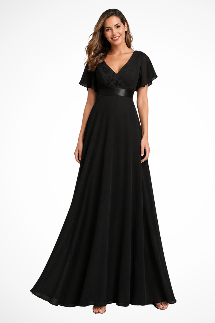 Siopie Women's Chiffon Flutter Sleeve V-Neck Maxi Dress in Black