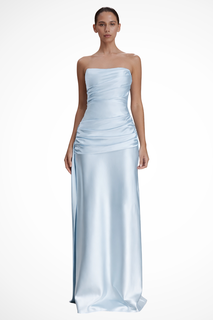 Siopie Women's Strapless Ruched Satin Maxi Dress in Light Blue