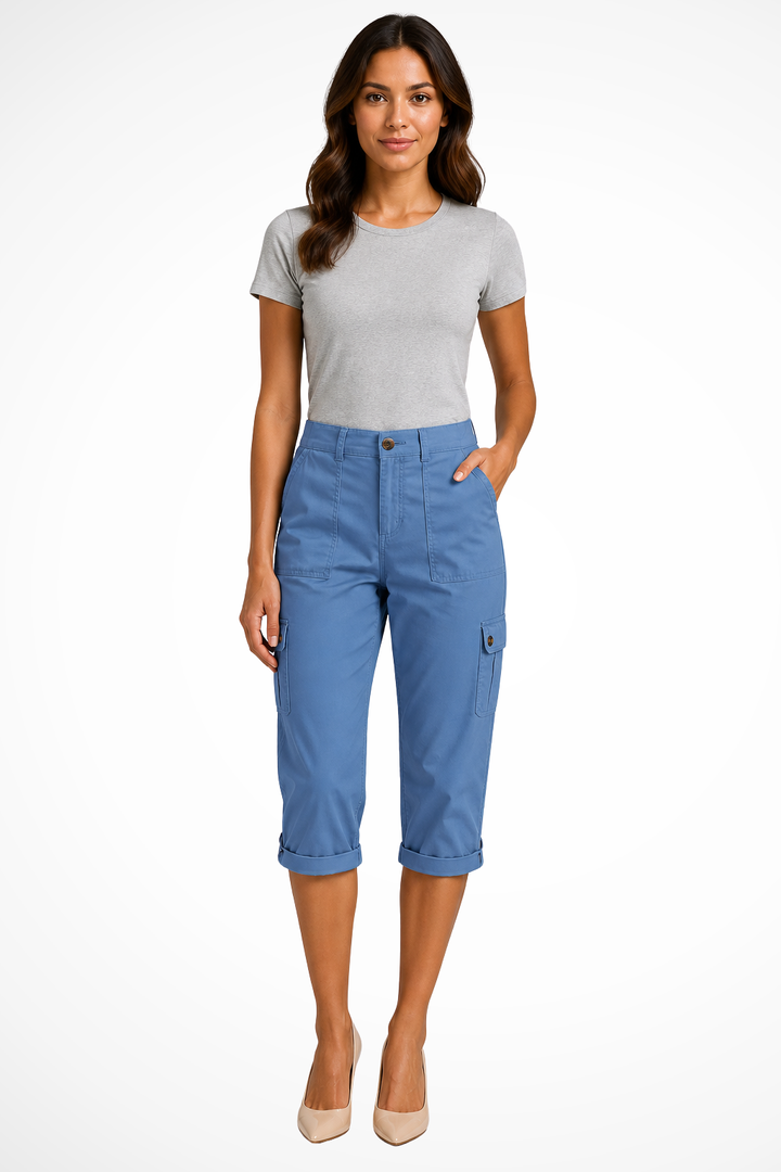 Siopie Women's Relaxed Cargo Cropped Trousers in Blue
