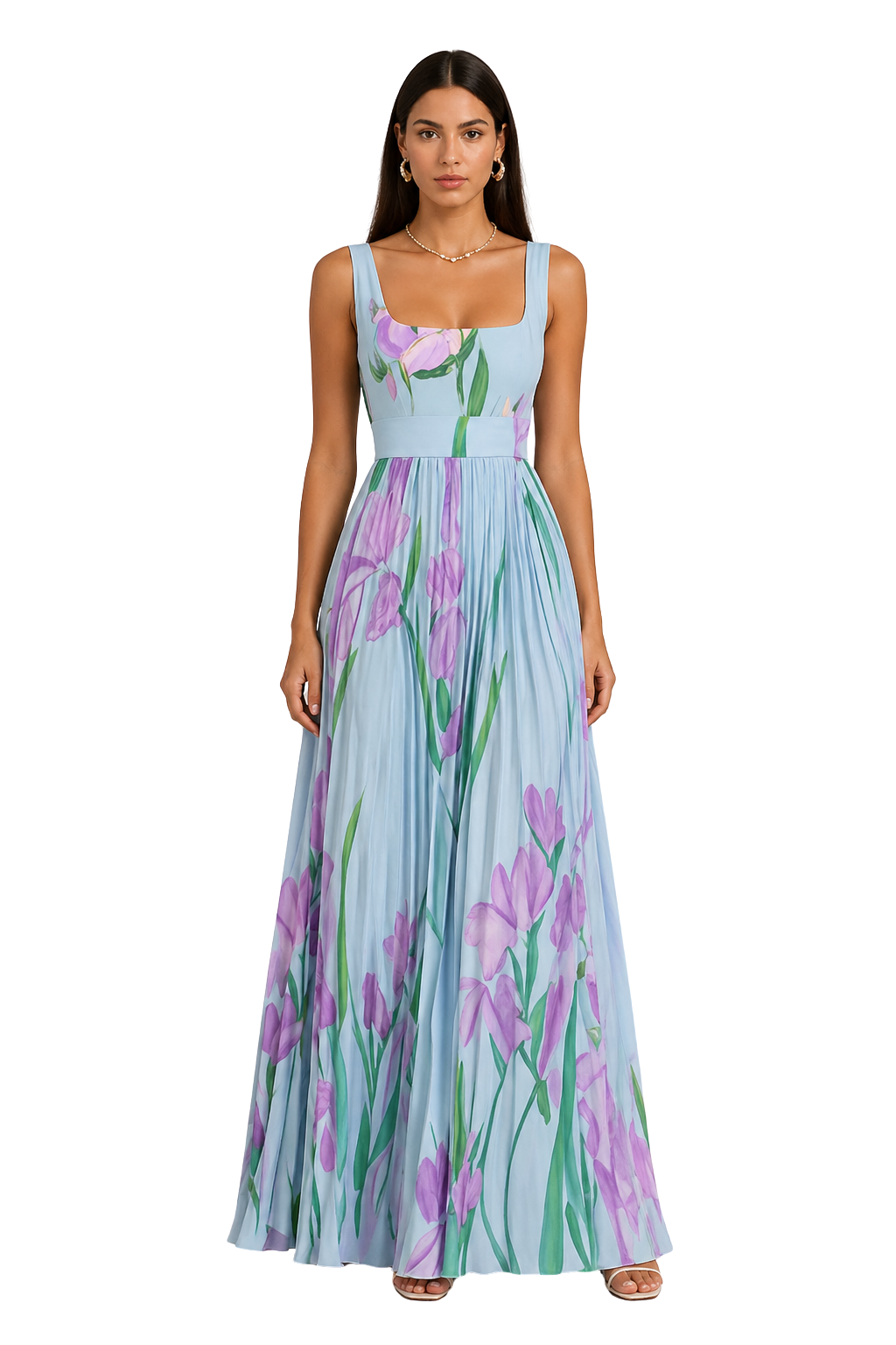 Womens Maxi Dress Pleated Floral Square Neck