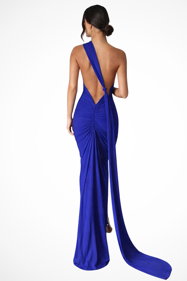 Womens Maxi Dress One Shoulder Ruched Backless