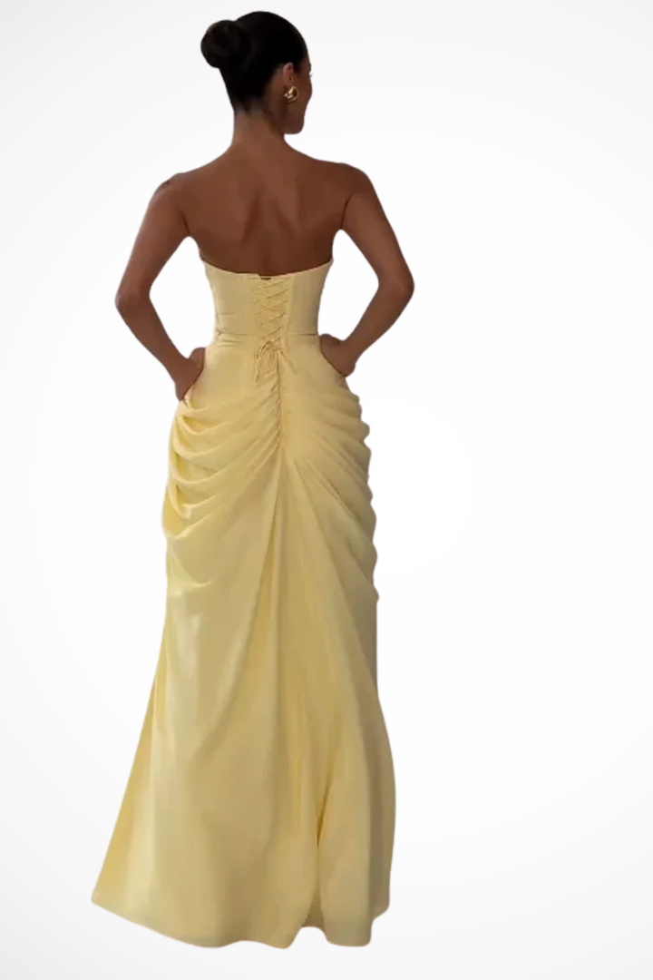 Womens Strapless Maxi Dress Ruched Slit Design