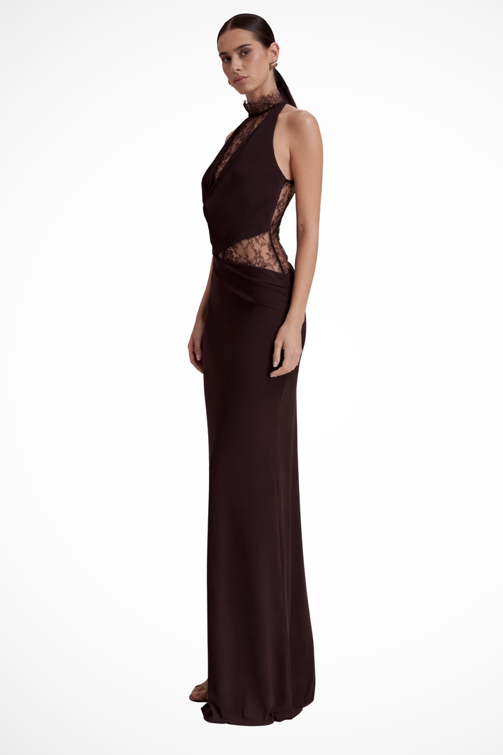 Womens Maxi Dress Lace Panel Halter Neck