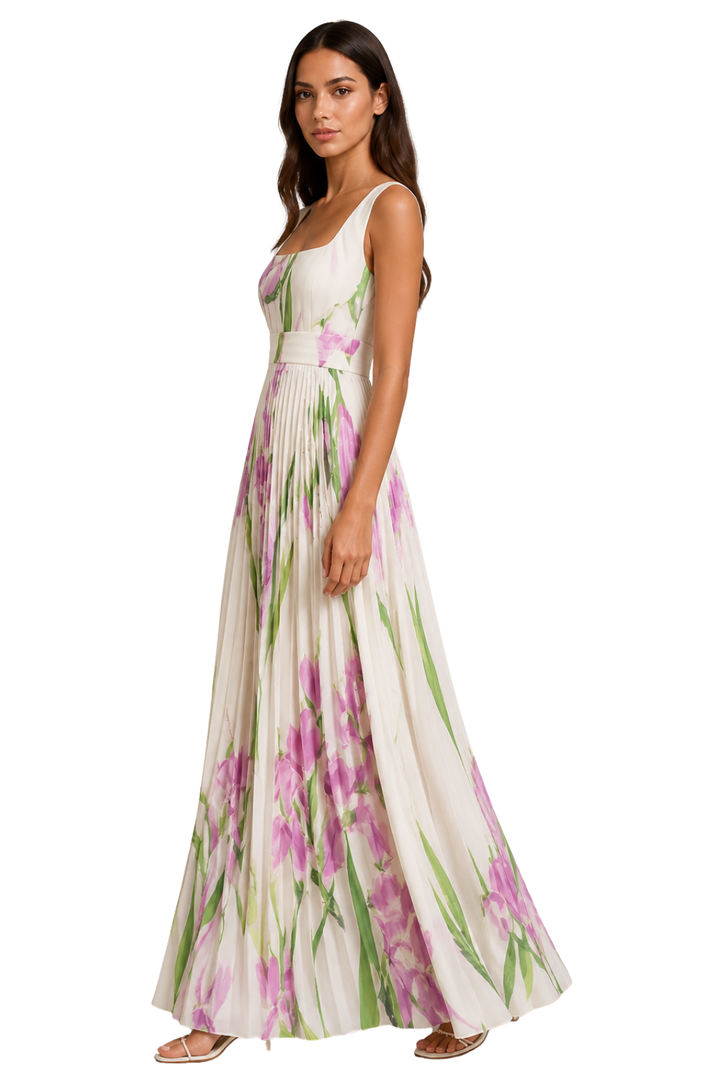 Womens Maxi Dress Pleated Floral Square Neck